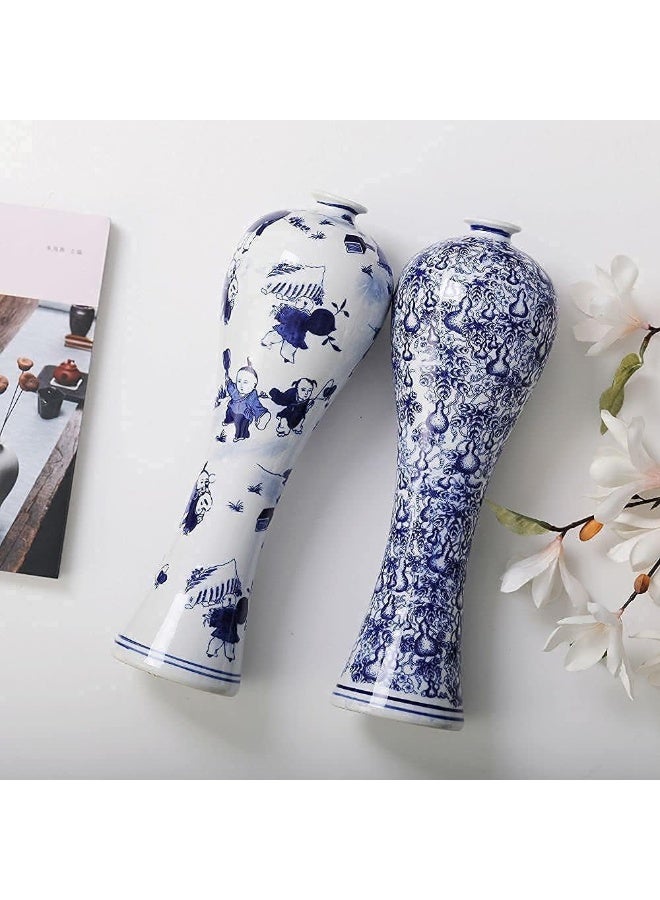 LANLONG مزهرية سيراميك صينية 13" زرقاء وبيضاء خزفية صينية مصنوعة يدويًا مزهرية زينة للزهور لغرفة المعيشة، ديكور المنزل، المكتب، مركز الطاولة - Image 2