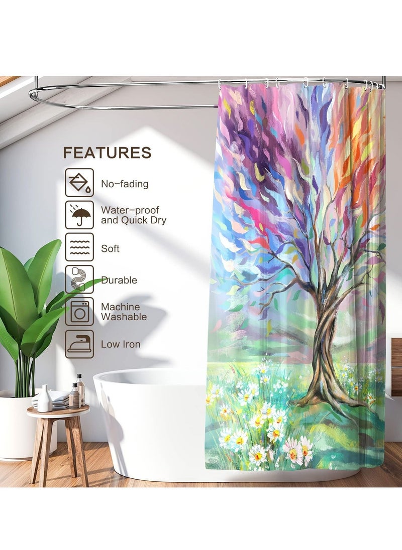 Oil Painting Tree Shower Curtain Colored Seasons Tree Shower Curtain for Bathroom with Hooks Polyester Fabric Washable Shower Curtains Sets Decorative Waterproof Bath Curtain - Image 2