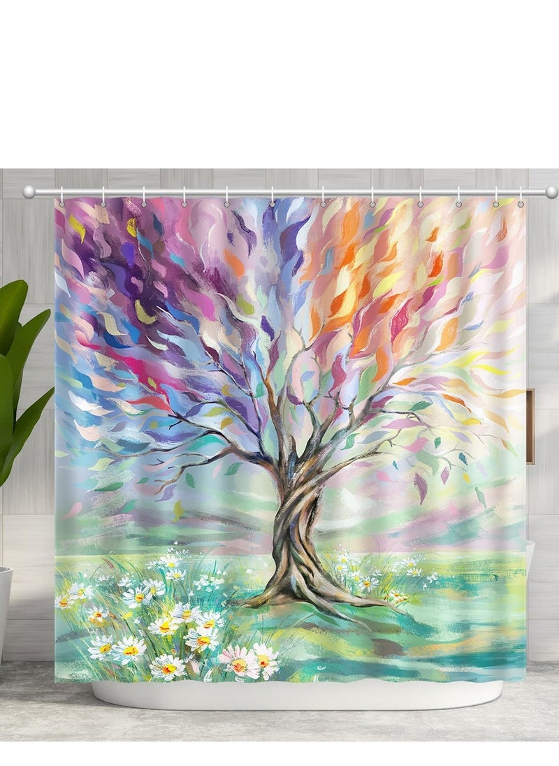 Oil Painting Tree Shower Curtain Colored Seasons Tree Shower Curtain for Bathroom with Hooks Polyester Fabric Washable Shower Curtains Sets Decorative Waterproof Bath Curtain - Image 1