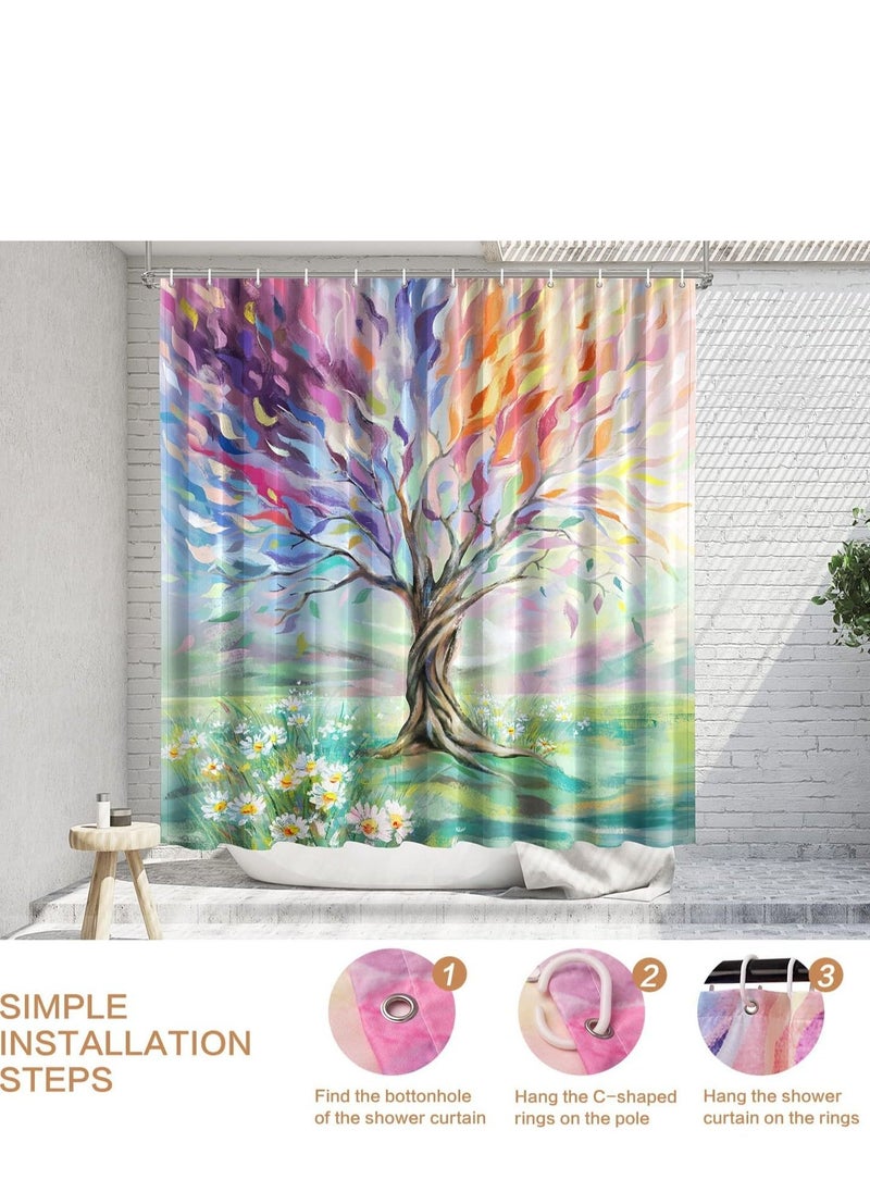 Oil Painting Tree Shower Curtain Colored Seasons Tree Shower Curtain for Bathroom with Hooks Polyester Fabric Washable Shower Curtains Sets Decorative Waterproof Bath Curtain - Image 5