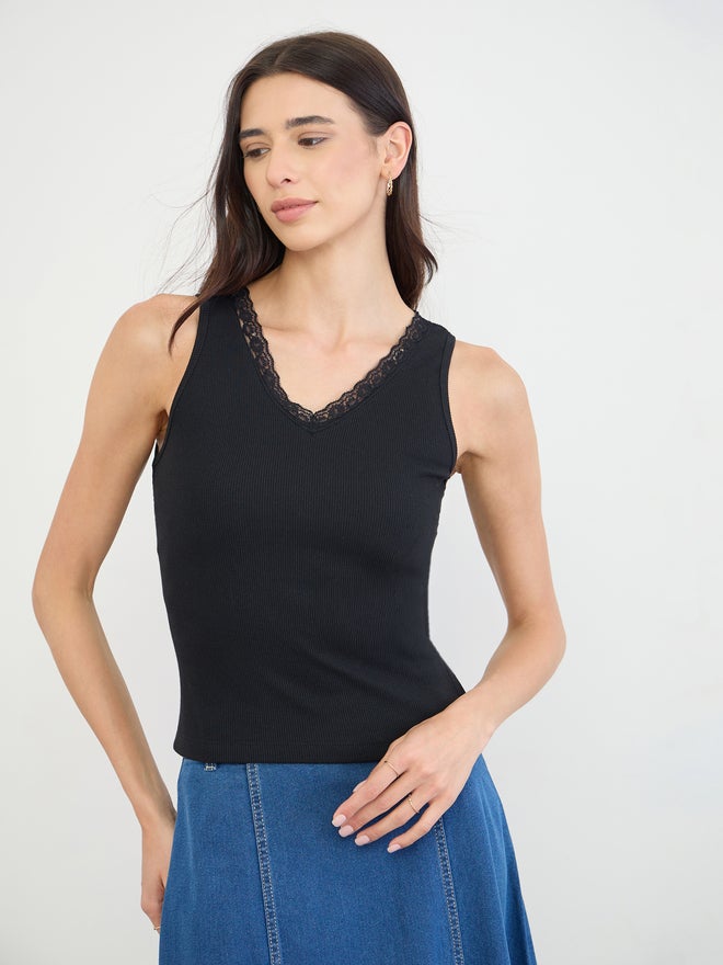 Styli Black Ribbed Lace Trim Tank - Image 3