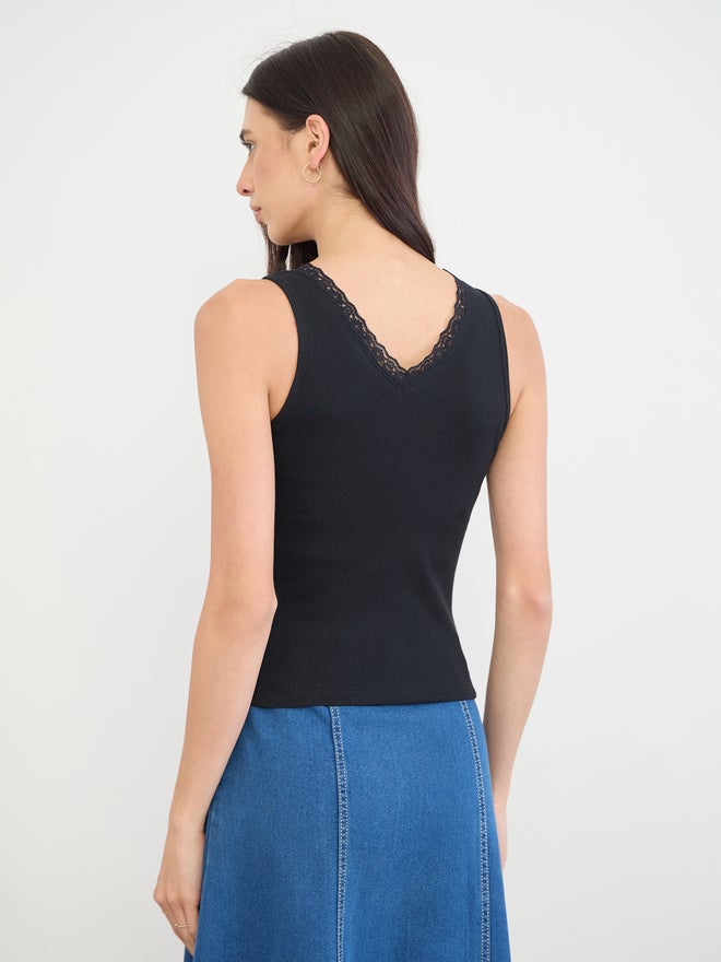 Styli Black Ribbed Lace Trim Tank - Image 5