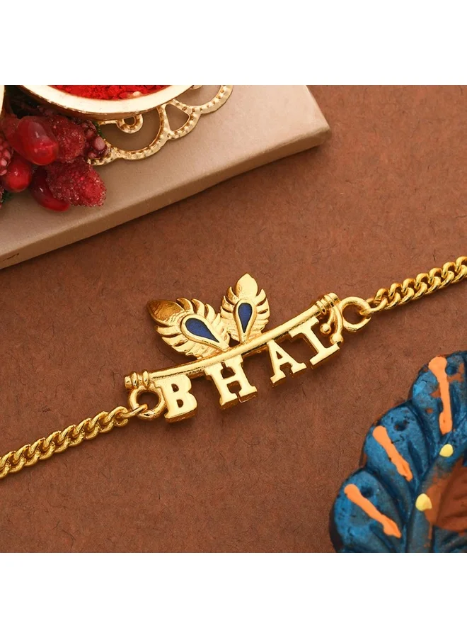VOYLLA Peacock Feather Motif Gold Tone Bhai Rakhi Bracelet