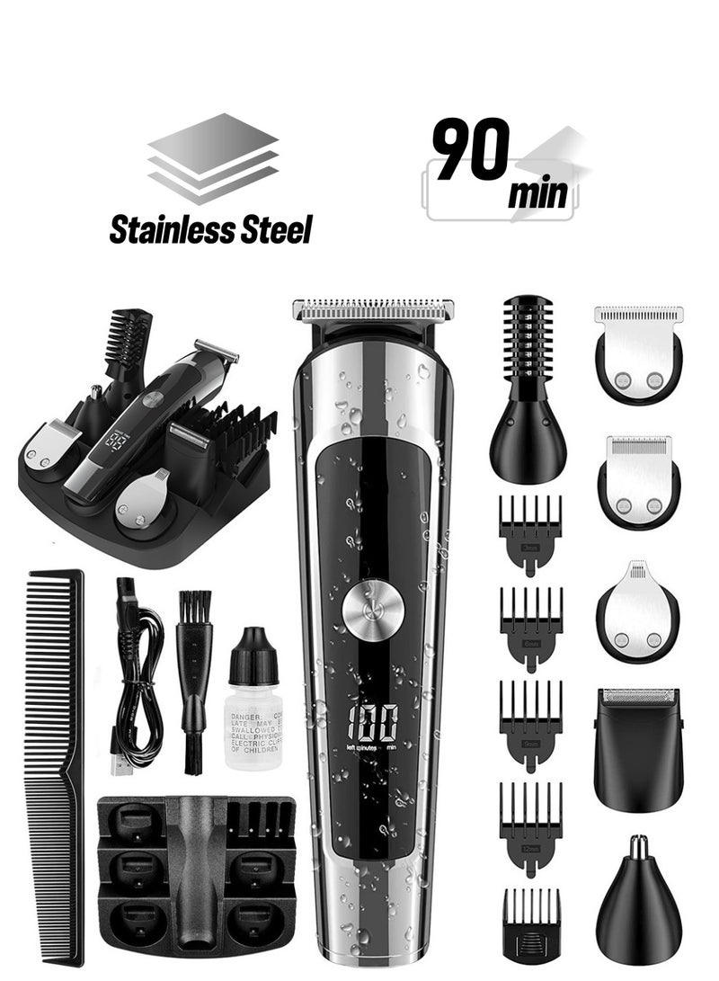 عام جهاز قص شعر للذقن للرجال، مجموعة 6 في 1 للقص اللاسلكي مع صندوق تخزين، مجموعة العناية بالجسم للرجال مقاومة للماء IPX6، حلاقة كهربائية للوجه والأذن والأنف والجسم، شحن USB، عرض LED - Image 1