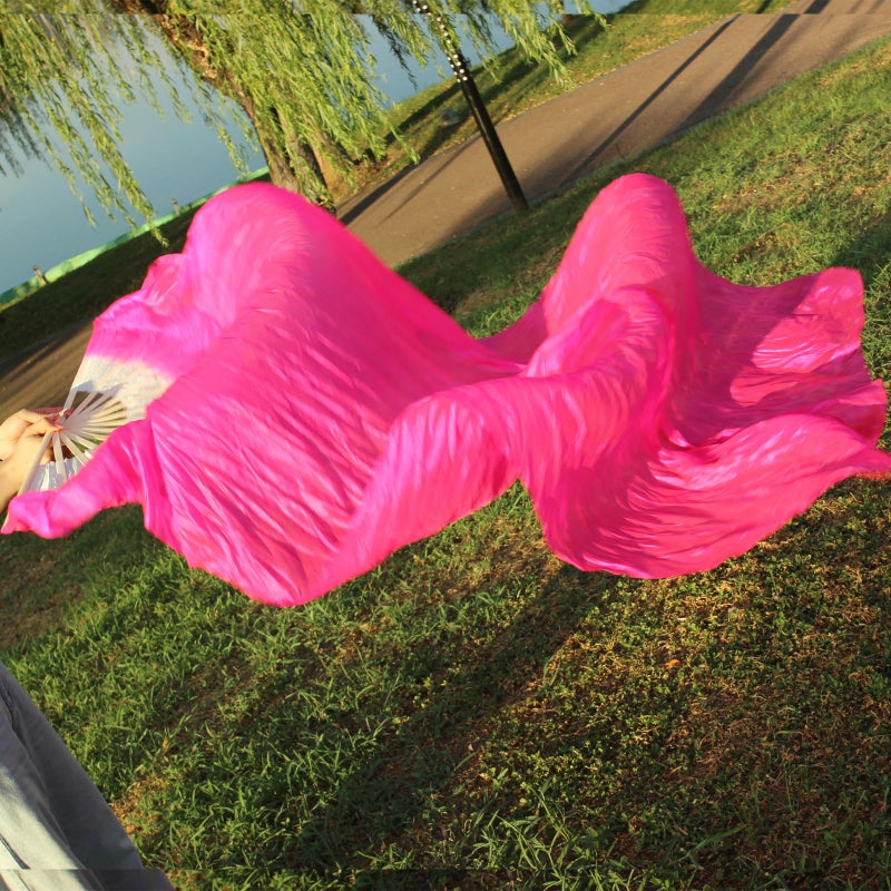 WEISIPU Hand-Made Faux Silk Belly Dance Fan Veils - Bamboo Long Fans Veils Available in 8 Stunning Colors for Dance Performances Right Hand (Pink) - Image 2