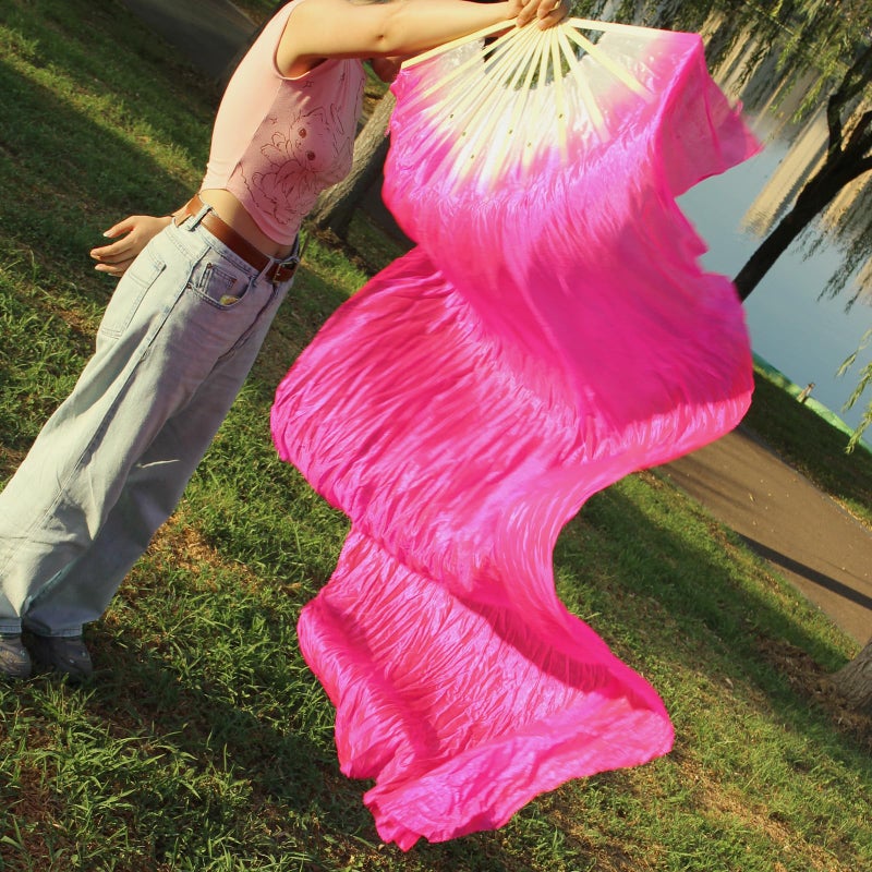 WEISIPU Hand-Made Faux Silk Belly Dance Fan Veils - Bamboo Long Fans Veils Available in 8 Stunning Colors for Dance Performances Right Hand (Pink) - Image 3