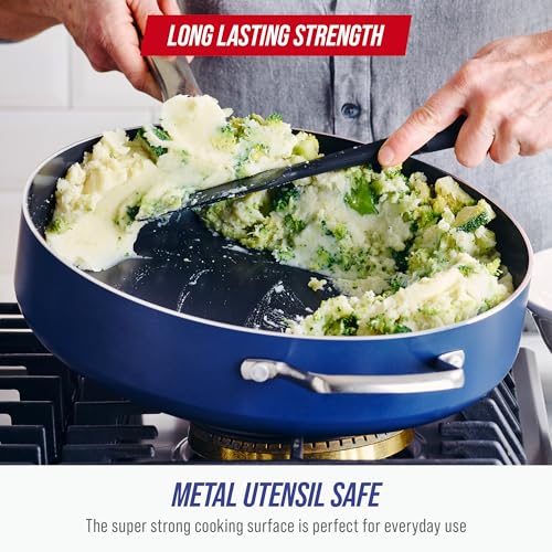 Blue Diamond 5QT Saute Pan with Lid, Non Toxic PFAS-Free Diamond Ceramic Nonstick, Dishwasher & Oven Safe, Metal Utensil Safe, Deep Jumbo Cooker Skillet with Helper Handle, Glass Lid, Blue - Image 2