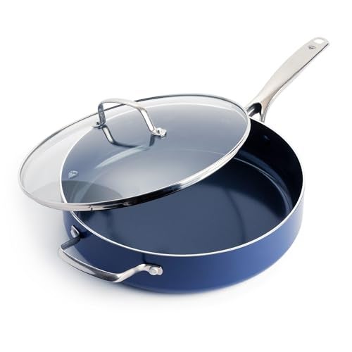 Blue Diamond 5QT Saute Pan with Lid, Non Toxic PFAS-Free Diamond Ceramic Nonstick, Dishwasher & Oven Safe, Metal Utensil Safe, Deep Jumbo Cooker Skillet with Helper Handle, Glass Lid, Blue - Image 1