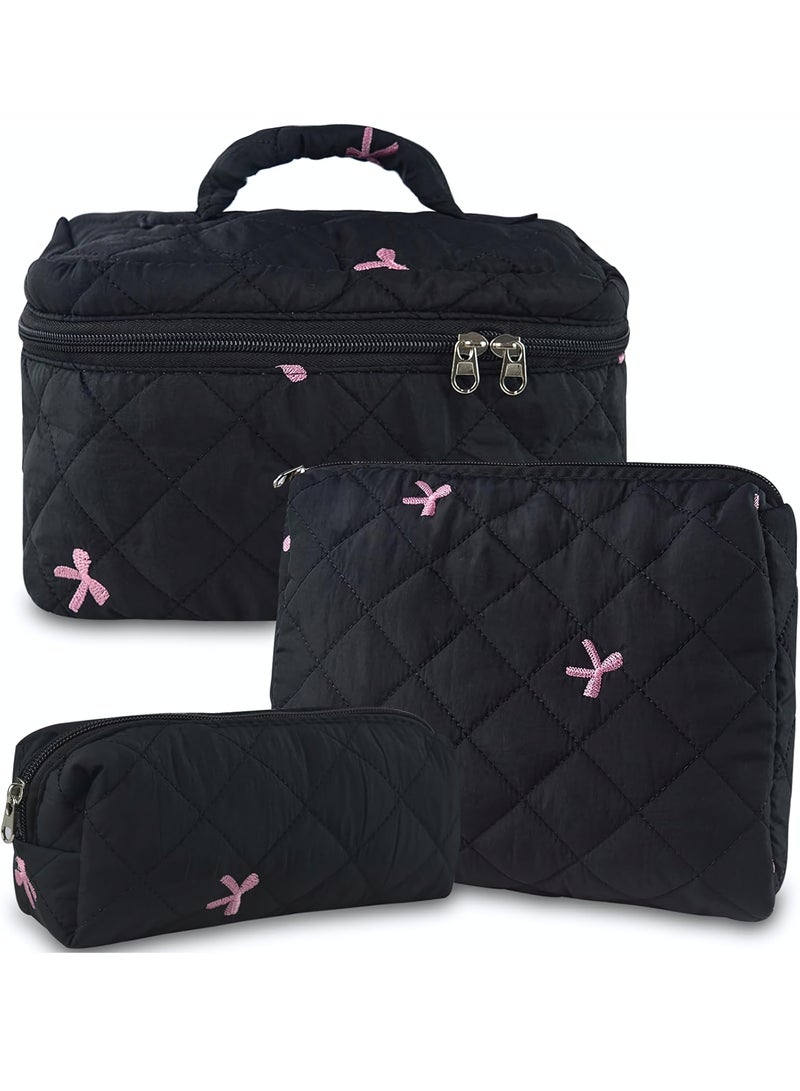 Cosmetic Bag, 3-Piece Cotton Quilted Makeup Bag Set, Large Floral Travel Toiletry Bag for Women, Aesthetic Toiletry Bags for Women Girls, Make Up Bag for Travel and Bathroom - Image 1