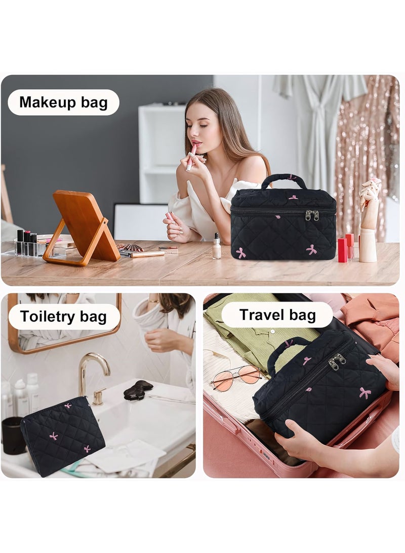 Cosmetic Bag, 3-Piece Cotton Quilted Makeup Bag Set, Large Floral Travel Toiletry Bag for Women, Aesthetic Toiletry Bags for Women Girls, Make Up Bag for Travel and Bathroom - Image 3