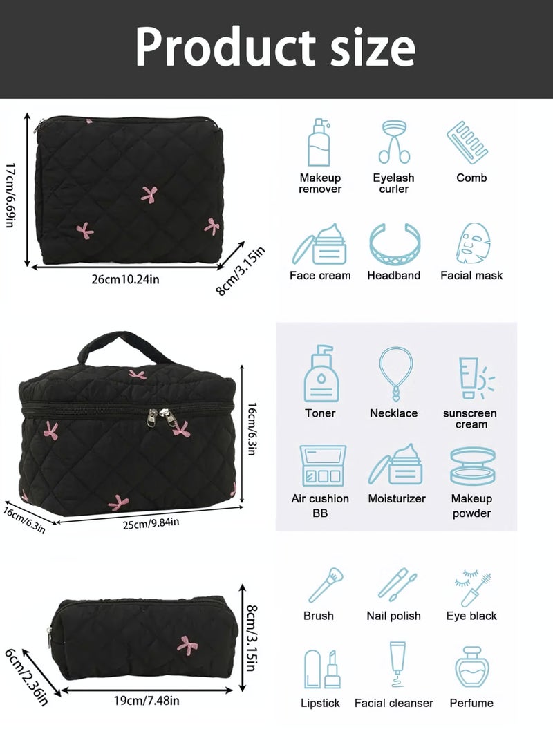 Cosmetic Bag, 3-Piece Cotton Quilted Makeup Bag Set, Large Floral Travel Toiletry Bag for Women, Aesthetic Toiletry Bags for Women Girls, Make Up Bag for Travel and Bathroom - Image 5