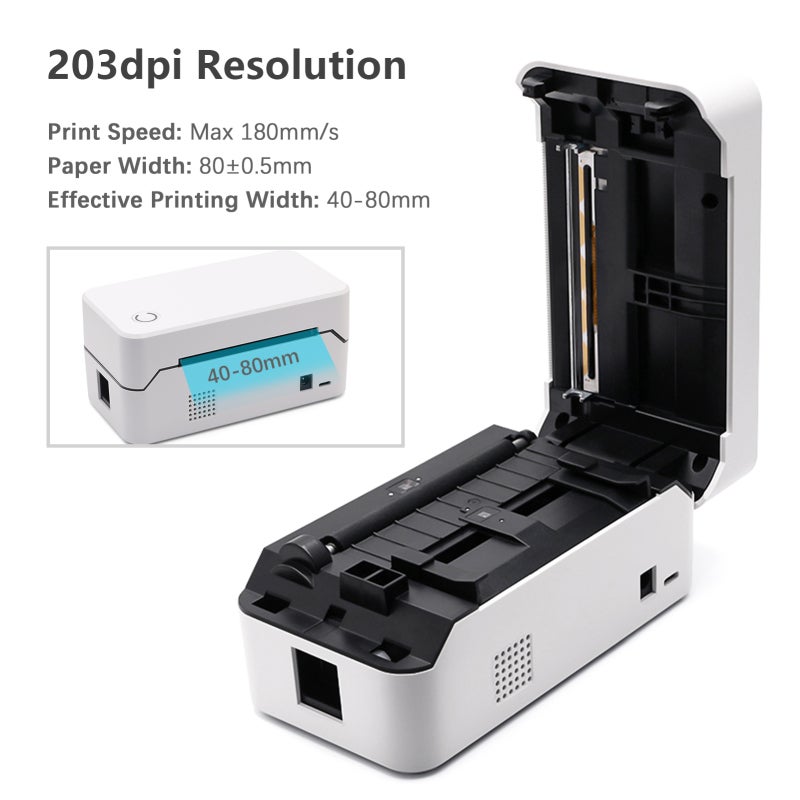 Thermal Label Printer 40-80mm Paper Width, 180mm/s High Speed Printing - All-in-One Compatibility, 203dpi Clear Resolution Shipping Label Printer for E-commerce, Warehouse, Retail Store, Office - Image 3