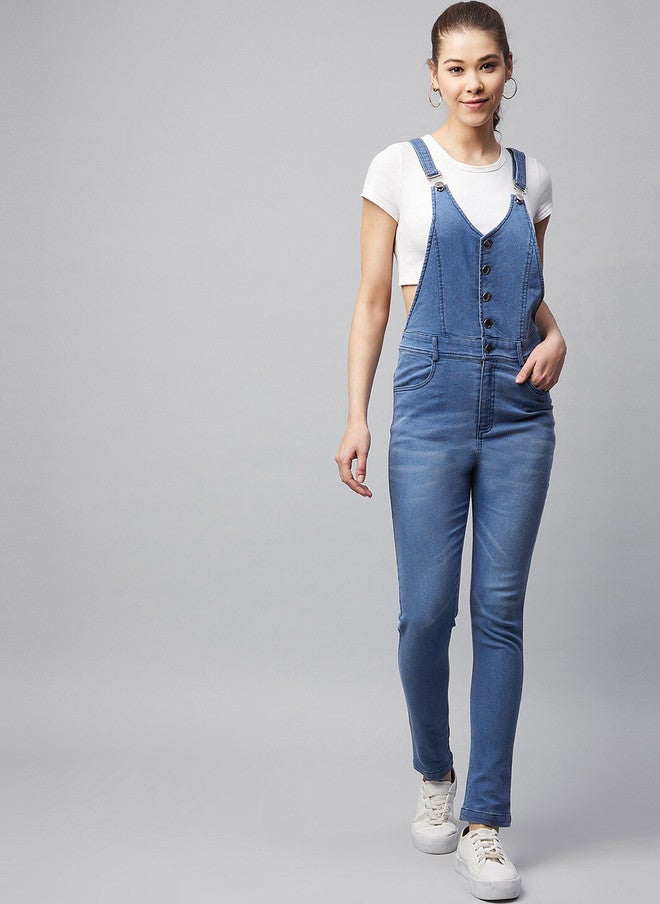 StyleStone Women's Blue Solid Pure Cotton Straight Leg Dungarees - Image 3