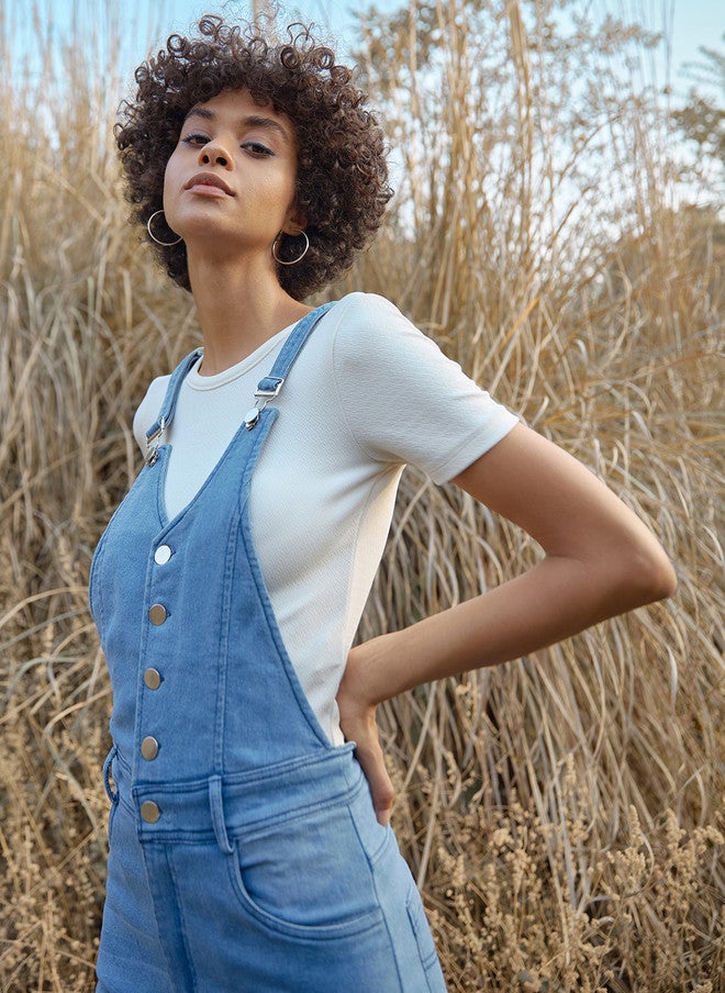 StyleStone Women's Blue Solid Pure Cotton Straight Leg Dungarees - Image 1