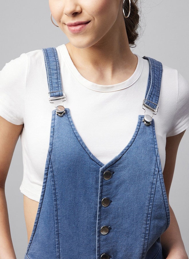 StyleStone Women's Blue Solid Pure Cotton Straight Leg Dungarees - Image 2