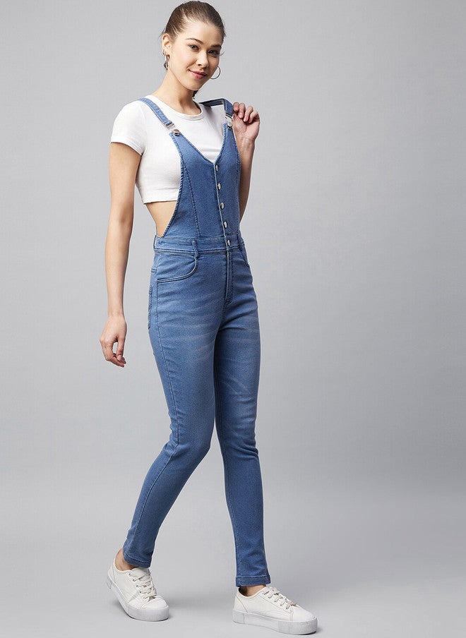 StyleStone Women's Blue Solid Pure Cotton Straight Leg Dungarees - Image 4
