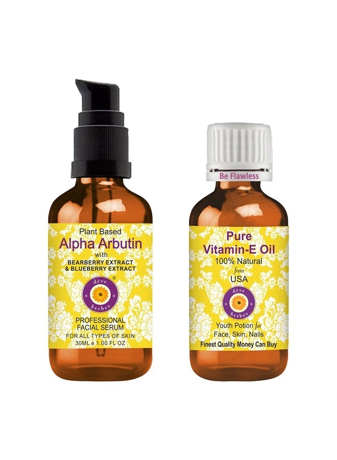 Deve Herbes Plant Based Alpha Arbutin Face Serum with Bearberry, Wheat, Mulberry, Blueberry & Pomegranate Extract for Personal Care 30ml (1 oz) + Pure Vitamin E Oil 30ml (1 oz) - Image 1