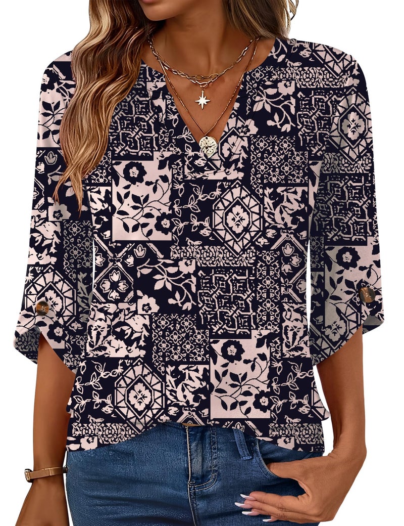 Kistore Womens Oversized Tops Loose Business Casual Tshirts Bell Sleeve V Neck Spring Vacation Plaid Blouses Apricot XXL - Image 1
