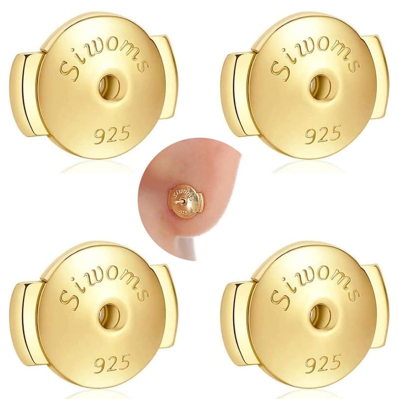 Siwoms 2Pairs 18K Gold Plated Locking EarringBack Replacements Secure for Diamond Studs Hypoallergenic Sterling Silver Backings for Notched Post 0710mm