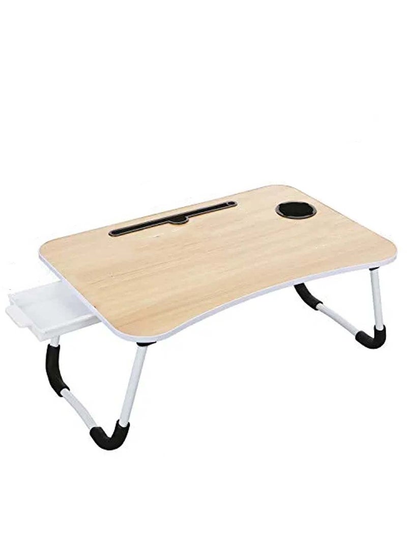طاولة كمبيوتر محمول خشبية مع درج وحامل أكواب وحامل للكمبيوتر اللوحي، لون بيج - Image 1