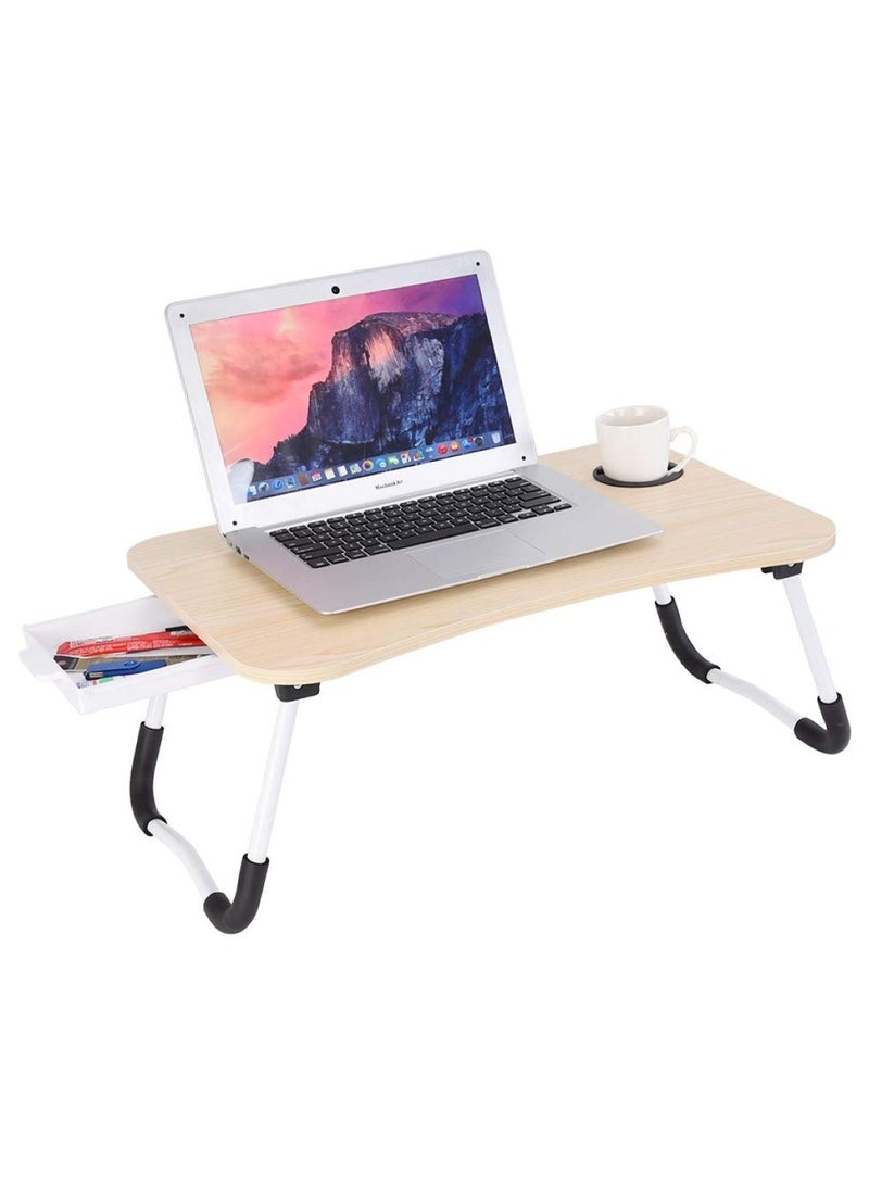 طاولة كمبيوتر محمول خشبية مع درج وحامل أكواب وحامل للكمبيوتر اللوحي، لون بيج - Image 2