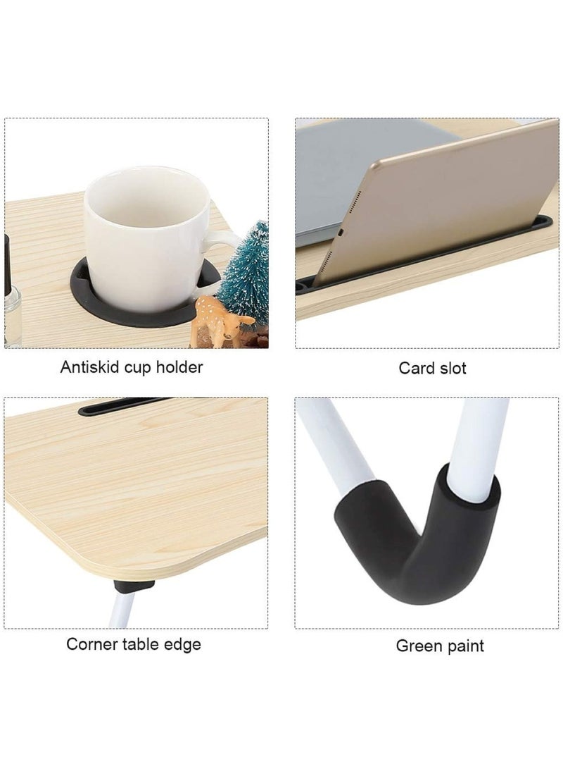 طاولة كمبيوتر محمول خشبية مع درج وحامل أكواب وحامل للكمبيوتر اللوحي، لون بيج - Image 3