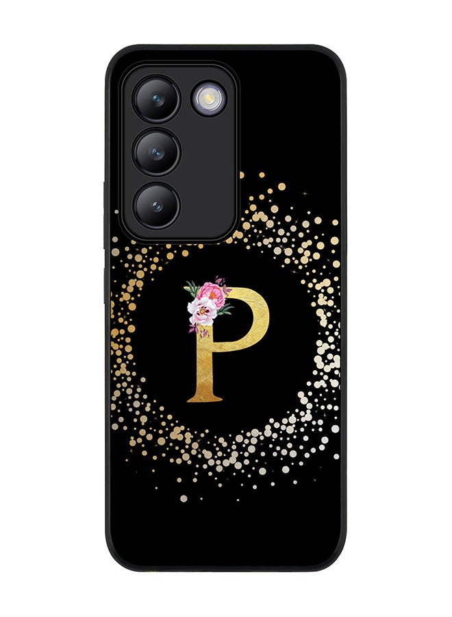 Stylizedd Rugged Black edge case for Vivo V30 Lite 5G, Slim fit Flexible Cover -  Custom Monogram Initial Letter Floral Pattern Alphabet - P ( Black ) - Image 1