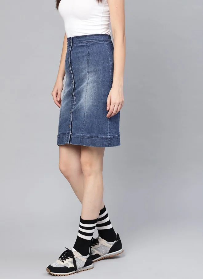 SASSAFRAS Blue Washed Denim A-Line Skirt for Women