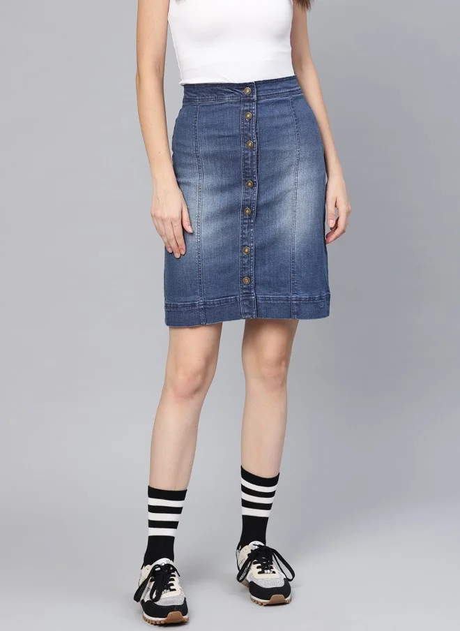 SASSAFRAS Blue Washed Denim A-Line Skirt for Women