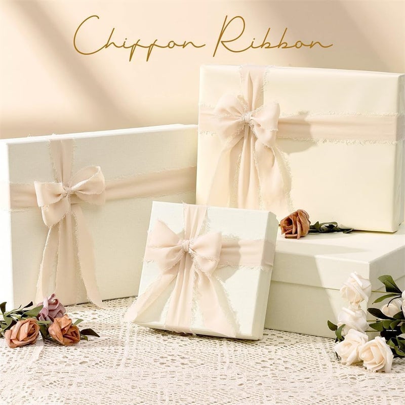 HZYH 3 Rolls Handmade Fringe Chiffon Silk Ribbon, Champagne Beige Ribbons Set, Frayed Edge Ribbon, Fringe Fabric Ribbons for Wedding Invitations, Bridal Bouquets, Gifts Wrapping, DIY Crafts (1.5Inch x 5m) - Image 2