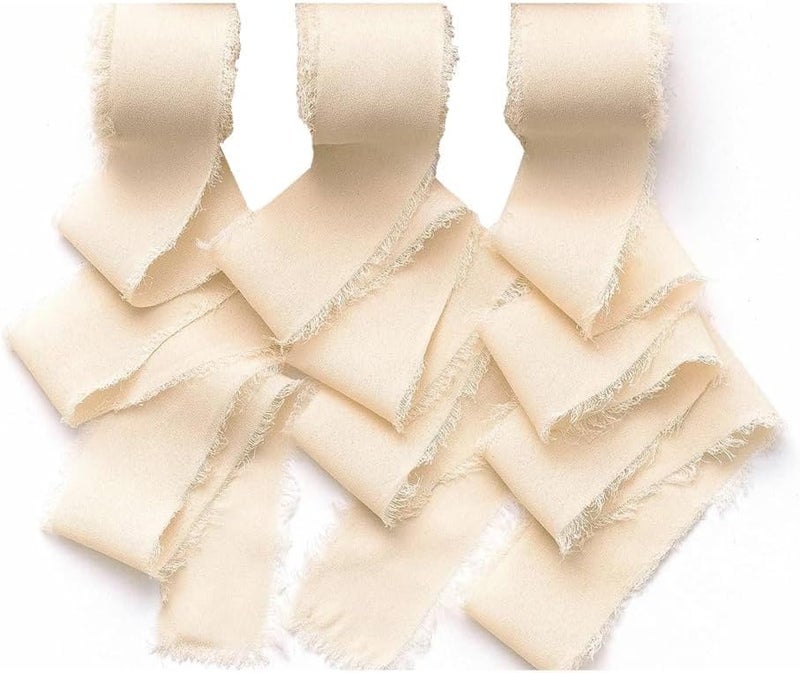 HZYH 3 Rolls Handmade Fringe Chiffon Silk Ribbon, Champagne Beige Ribbons Set, Frayed Edge Ribbon, Fringe Fabric Ribbons for Wedding Invitations, Bridal Bouquets, Gifts Wrapping, DIY Crafts (1.5Inch x 5m) - Image 1