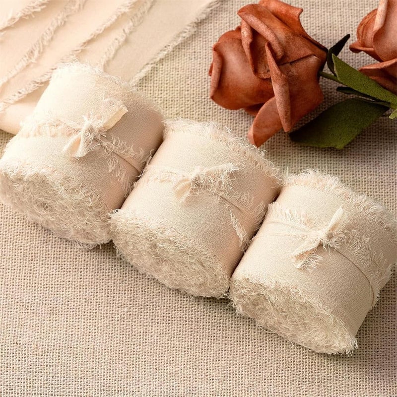 HZYH 3 Rolls Handmade Fringe Chiffon Silk Ribbon, Champagne Beige Ribbons Set, Frayed Edge Ribbon, Fringe Fabric Ribbons for Wedding Invitations, Bridal Bouquets, Gifts Wrapping, DIY Crafts (1.5Inch x 5m) - Image 4