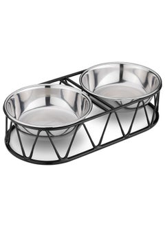 Navaris Stainless Steel Dog Bowls  Cat Food Bowls With Stand  Elevated Double Bowl And Holder For Cats & Small Dogs Raised Metal Wire Stand  Black  - Image 1
