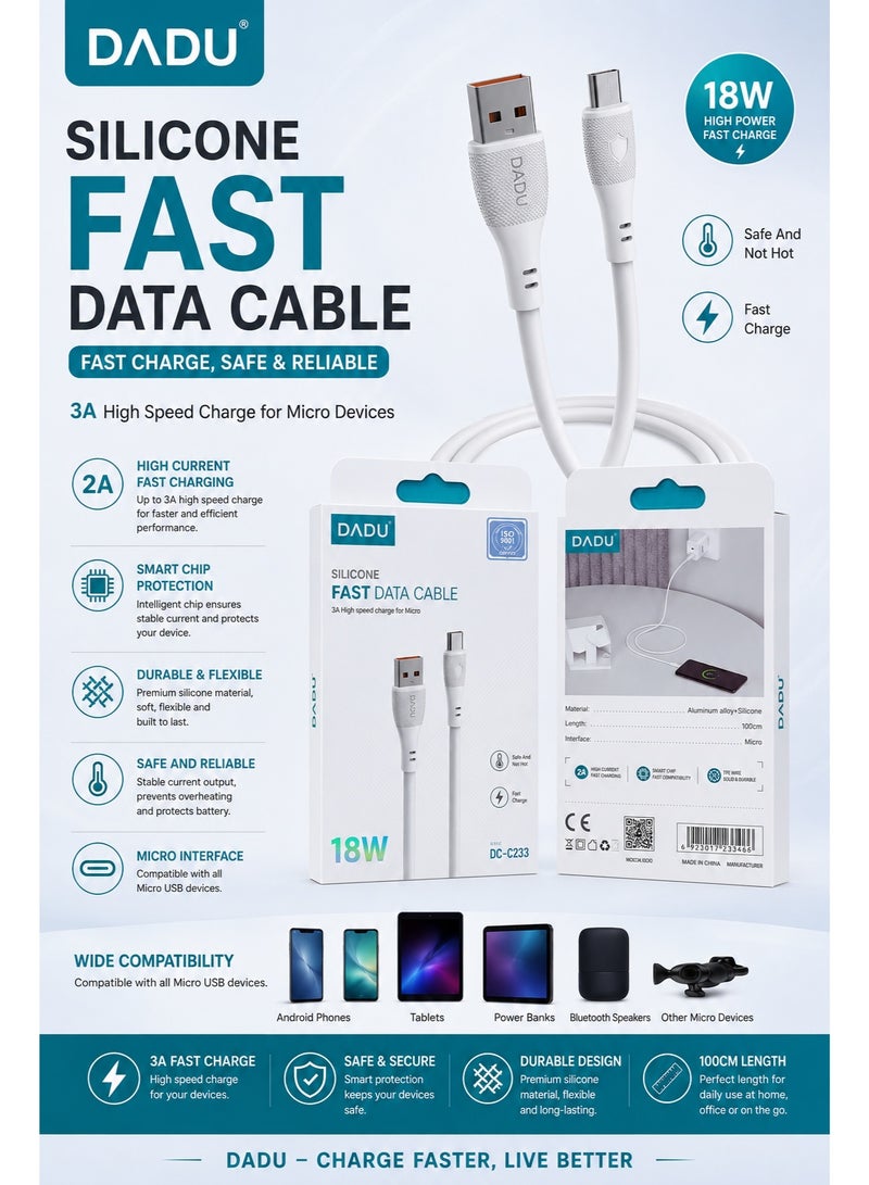 دادو كابل شحن سريع USB إلى Micro USB (تيار 3 أمبير، قدرة 18 واط) يدعم الشحن ونقل البيانات بسرعة عالية؛ يتميز بتصميم متين من السيليكون وموصلات من سبائك الألومنيوم، وهو متوافق مع هواتف أندرويد والأجهزة اللوحية وبنوك الطاقة ومكبرات الصوت والأجهزة الإلكترونية الأخرى (طول 1 متر). - Image 3