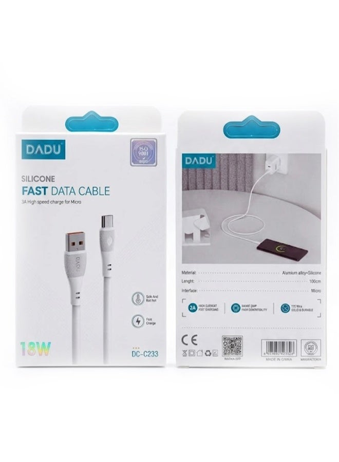 دادو كابل شحن سريع USB إلى Micro USB (تيار 3 أمبير، قدرة 18 واط) يدعم الشحن ونقل البيانات بسرعة عالية؛ يتميز بتصميم متين من السيليكون وموصلات من سبائك الألومنيوم، وهو متوافق مع هواتف أندرويد والأجهزة اللوحية وبنوك الطاقة ومكبرات الصوت والأجهزة الإلكترونية الأخرى (طول 1 متر). - Image 2
