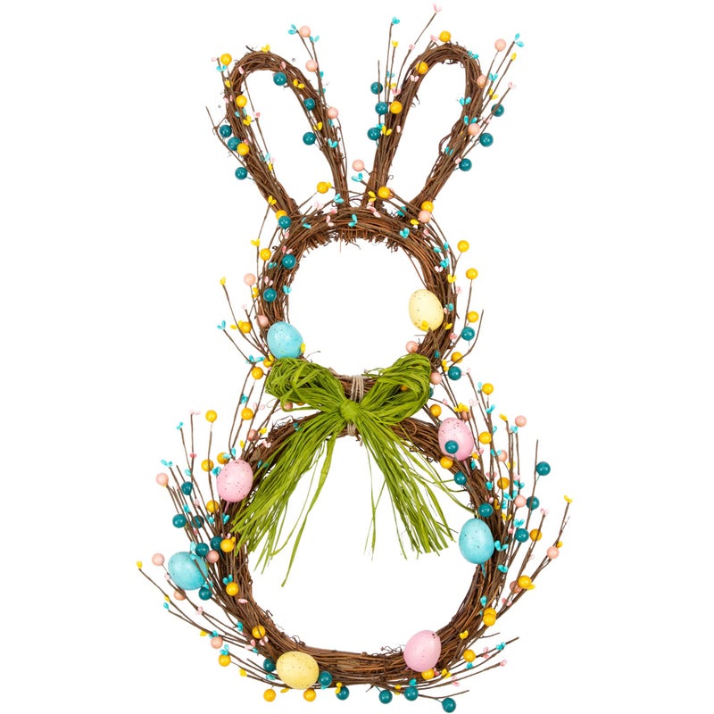 VGIA 27 Inch Artificial Easter Wreath for Front Door Rabbit Wreath with Pastel Eggs and Mixed Twigs Spring Bunny with Raffia Bow for Easter Decorations