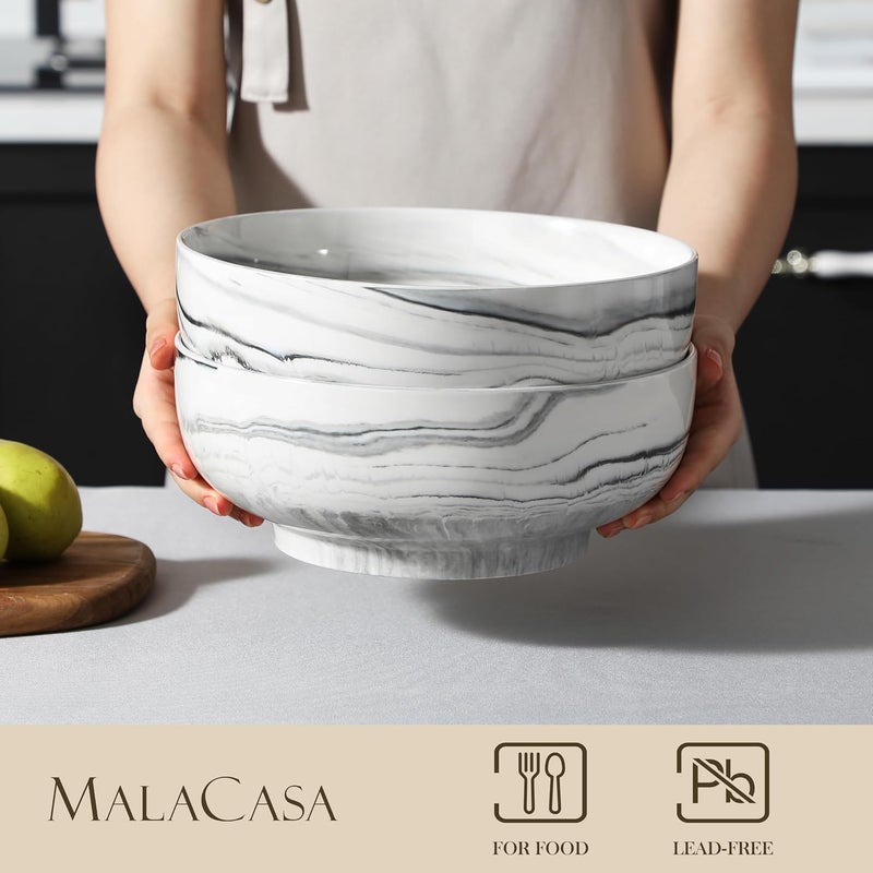 MALACASA أوعية سلطة مالاكاسا 114 أونصة مجموعة من 2 وعاء تقديم كبير جداً من البورسلين رمادي رخامية للحمص والسلطة والنودلز والفواكه آمنة في غسالة الصحون والميكروويف سلسلة عادية - Image 3