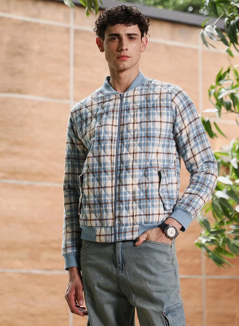 Campus Sutra Campus Sutra Men's Misty Blue Tartan-Plaid Quilted Bomber Jacket | Baseball Collar , Ribbed Cuff Sleeves , Zipper Closure , Ribbed-Straight Hem | Checks Quilted For Casual & Daily Wear
