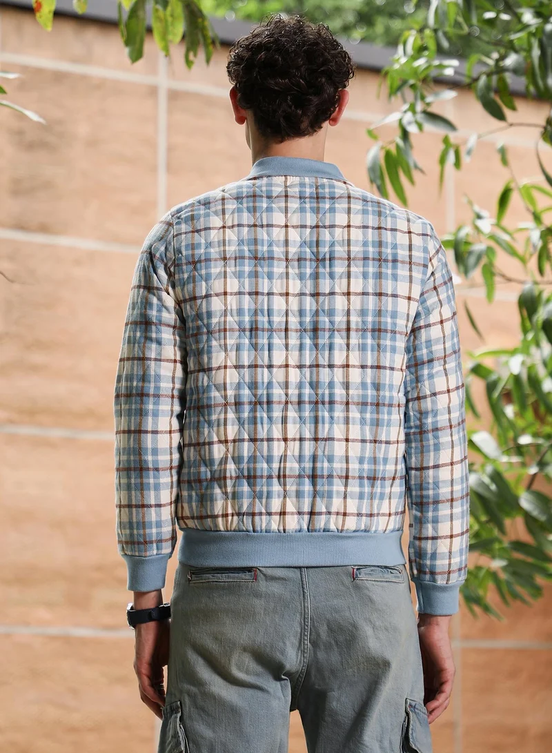 Campus Sutra Campus Sutra Men's Misty Blue Tartan-Plaid Quilted Bomber Jacket | Baseball Collar , Ribbed Cuff Sleeves , Zipper Closure , Ribbed-Straight Hem | Checks Quilted For Casual & Daily Wear