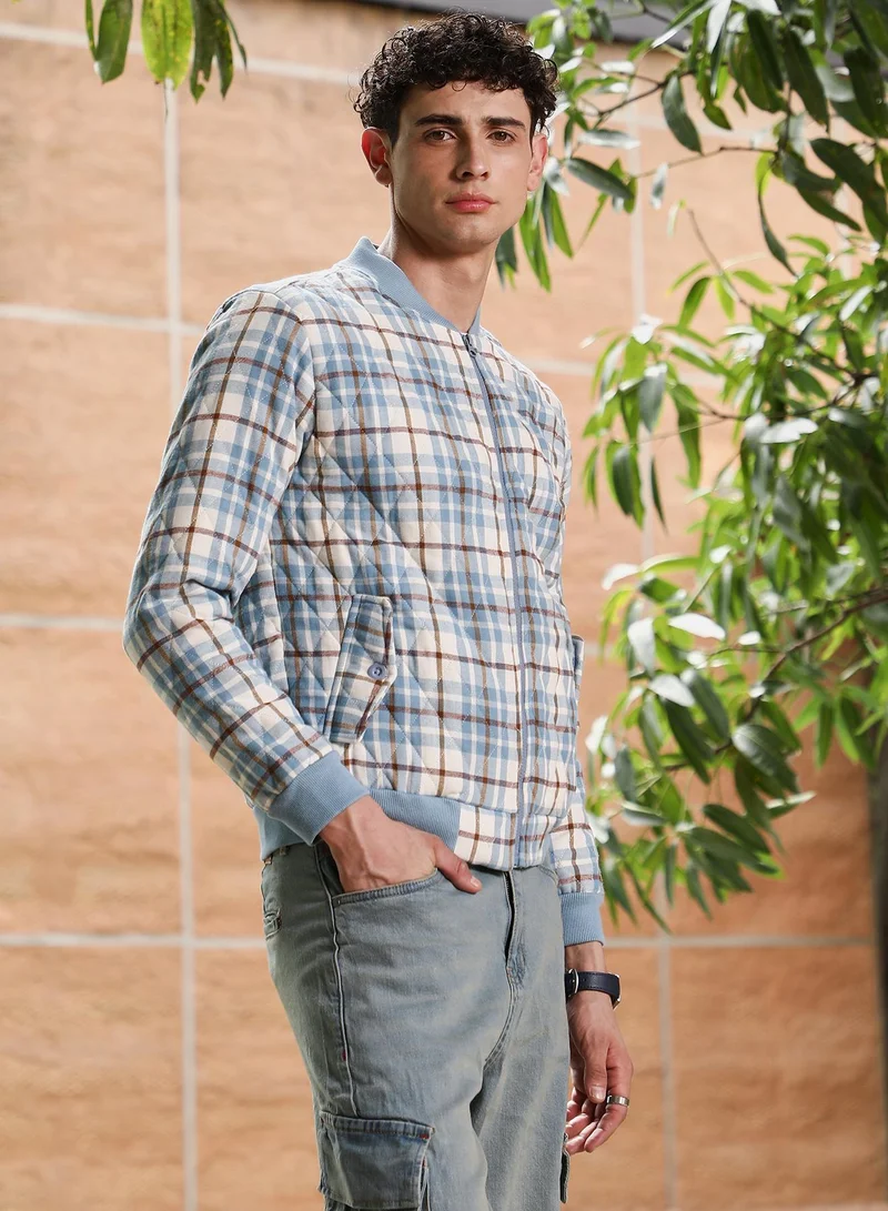 Campus Sutra Campus Sutra Men's Misty Blue Tartan-Plaid Quilted Bomber Jacket | Baseball Collar , Ribbed Cuff Sleeves , Zipper Closure , Ribbed-Straight Hem | Checks Quilted For Casual & Daily Wear