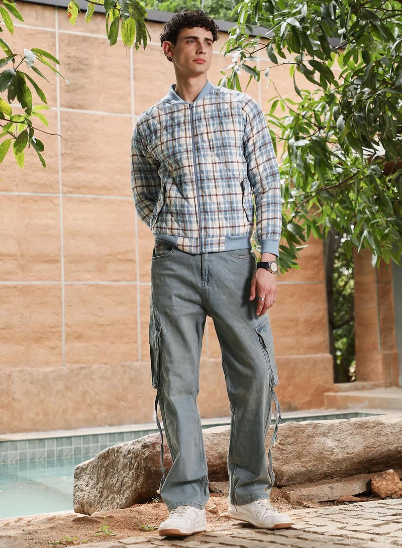 Campus Sutra Campus Sutra Men's Misty Blue Tartan-Plaid Quilted Bomber Jacket | Baseball Collar , Ribbed Cuff Sleeves , Zipper Closure , Ribbed-Straight Hem | Checks Quilted For Casual & Daily Wear