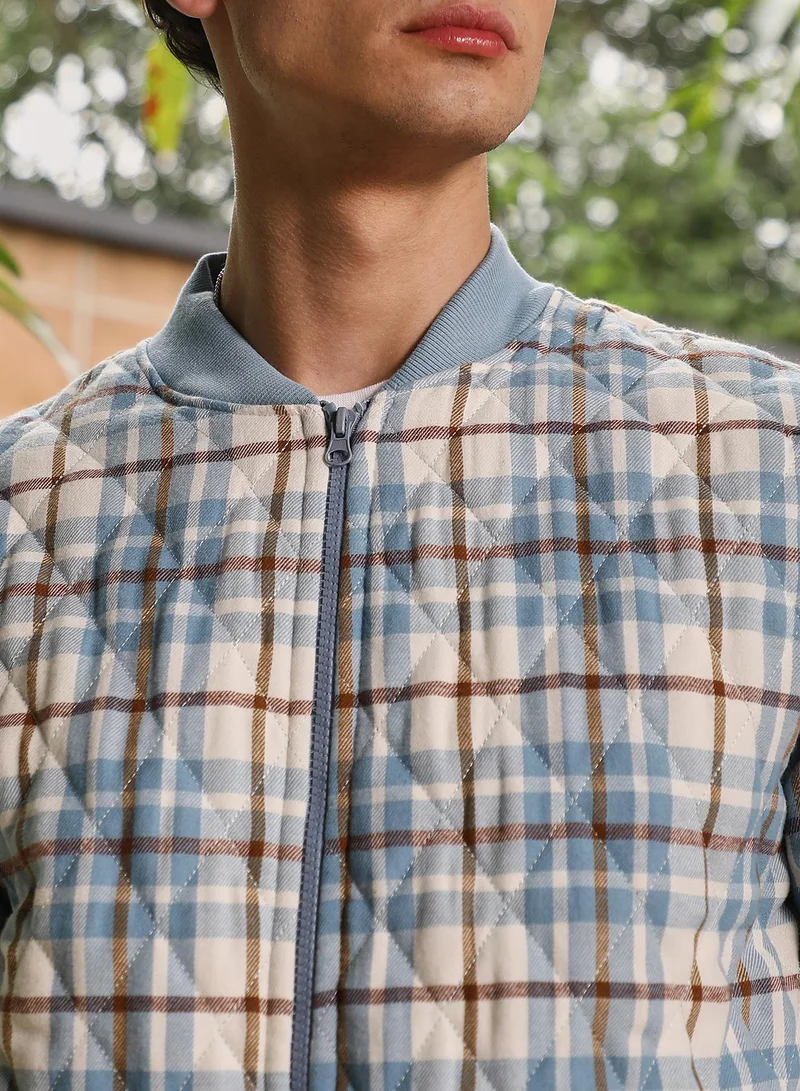 Campus Sutra Campus Sutra Men's Misty Blue Tartan-Plaid Quilted Bomber Jacket | Baseball Collar , Ribbed Cuff Sleeves , Zipper Closure , Ribbed-Straight Hem | Checks Quilted For Casual & Daily Wear