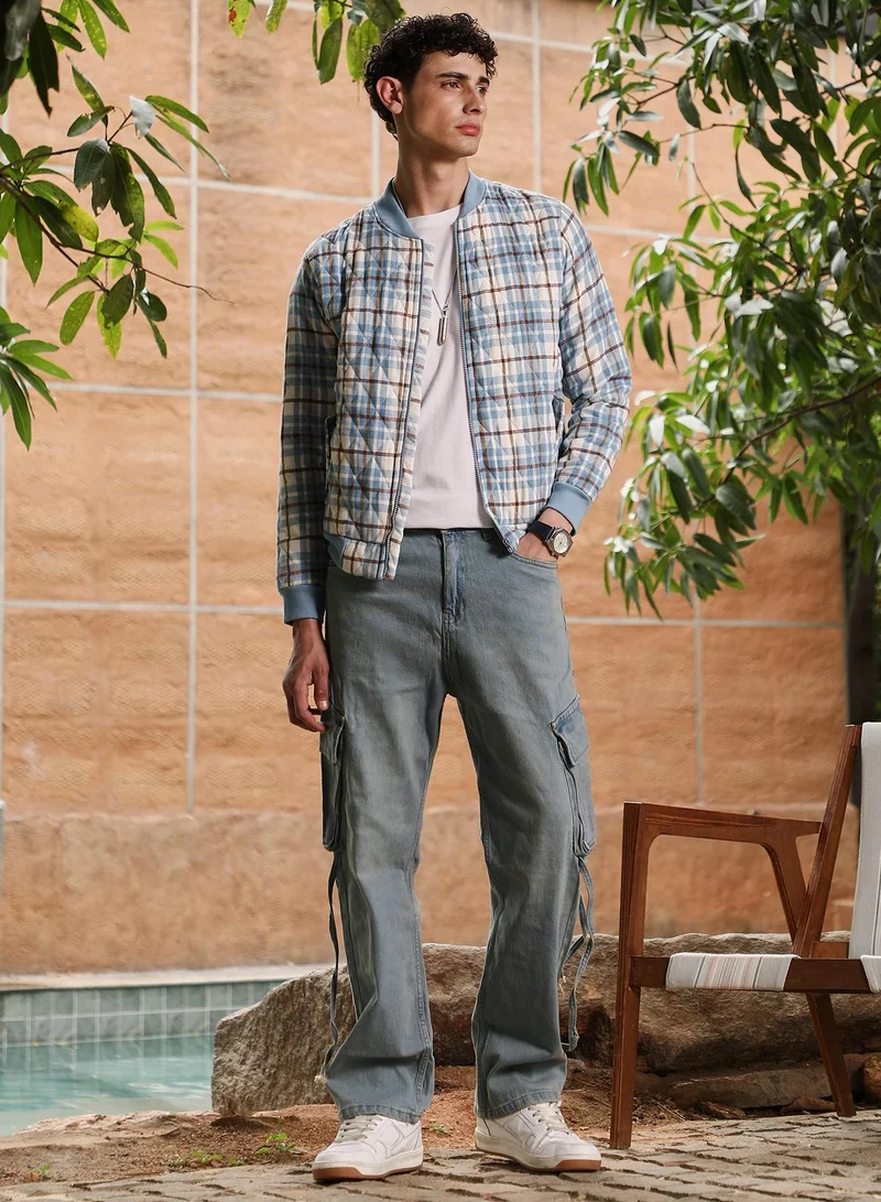 Campus Sutra Campus Sutra Men's Misty Blue Tartan-Plaid Quilted Bomber Jacket | Baseball Collar , Ribbed Cuff Sleeves , Zipper Closure , Ribbed-Straight Hem | Checks Quilted For Casual & Daily Wear
