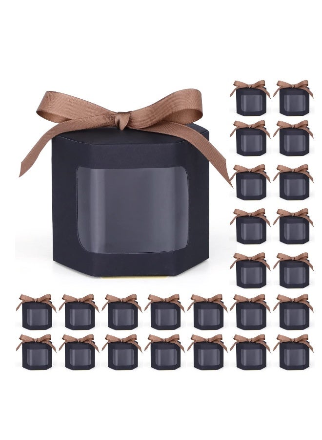 صناديق هدايا مع نوافذ عرض، 24 قطعة صناديق ورقية سداسية مع أغطية، 3.9 × 3.9 × 3.9"/10 × 10 × 10 سم مناسبة لتقديم الهدايا، الحرف اليدوية، الكعك، الحلوى، صناديق هدايا لمناسبات الزفاف وأعياد الميلاد (أسود) - Image 1
