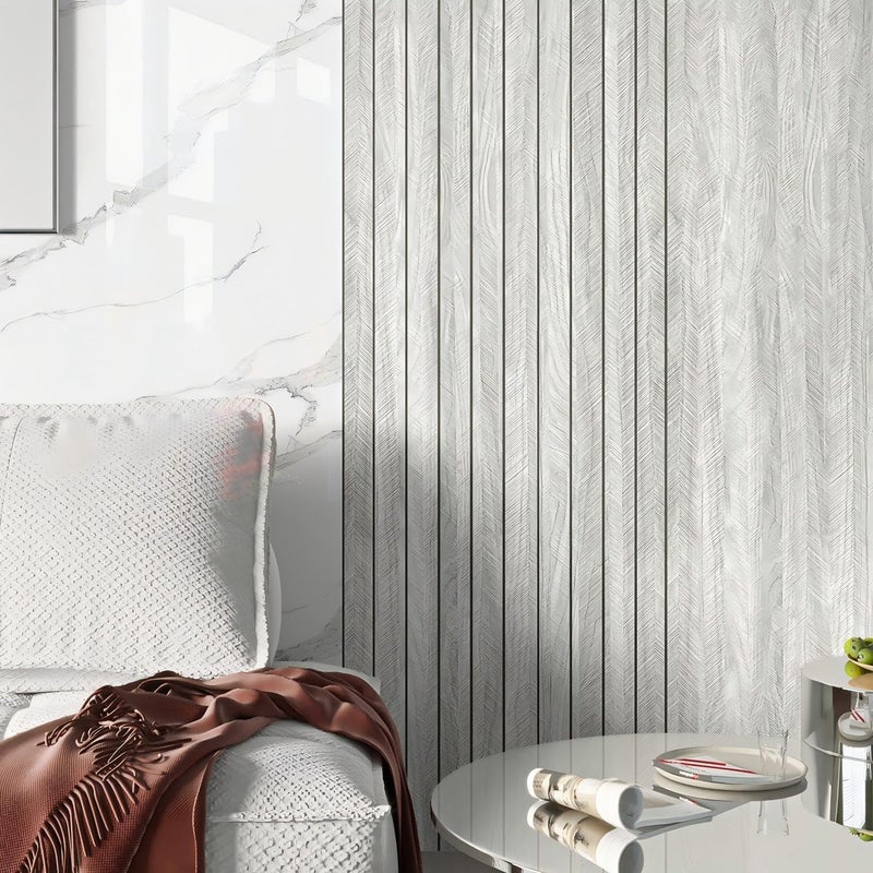 Chejiaye Wood Grain 3D Wall Panel -15.75"x118"Soundproof Self-Adhesive Wall Sticker,Thickened Resistant Removable PVC Wood Grain Wallpaper &Foam Paneling for Wall,Ceiling(Light Grey,13Sq.ft) - Image 3