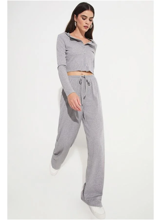 JUNE June Women Viscose Blend Button Detailed Blouse Trouser Set Grey