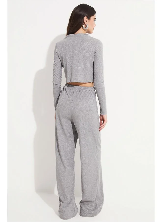 JUNE June Women Viscose Blend Button Detailed Blouse Trouser Set Grey