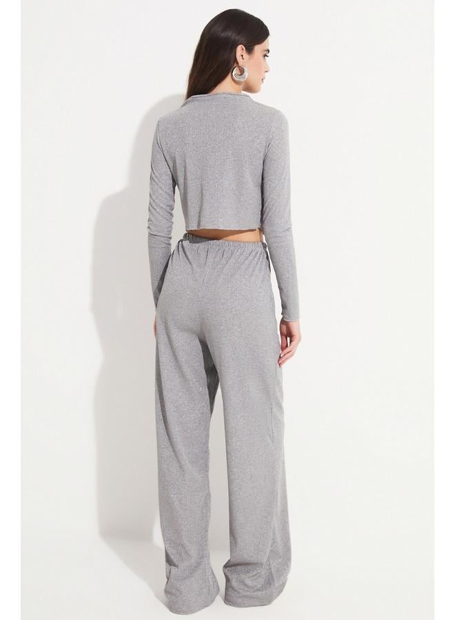 جون طقم بلوزة وبنطلون نسائي من فيسكوز بأزرار - رمادي - Image 5