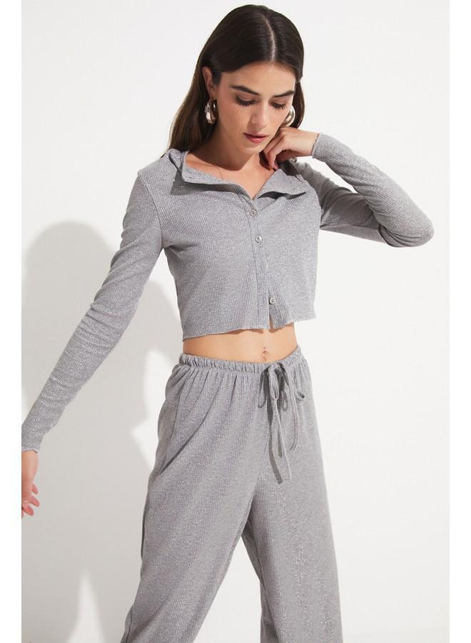 جون طقم بلوزة وبنطلون نسائي من فيسكوز بأزرار - رمادي - Image 1
