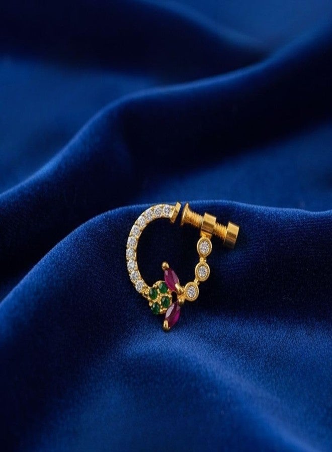 ZEELLO Gold Plated Nose Pin, Screw Type, Multicolor Stones, CZ Diamonds - Image 3